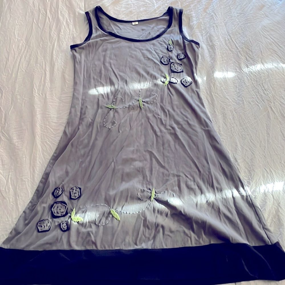 East Meets West Gray Floral Embroidered Tank Dress Nepal Made Boho Size S
